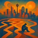 Abstract painting of Calgary skyline with a figure fading into light, symbolising burnout and recovery through therapy.
