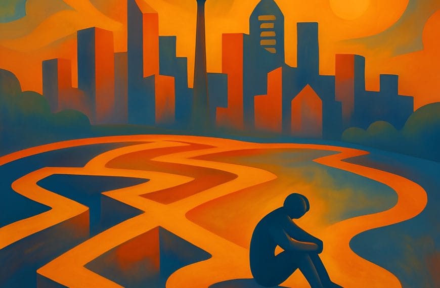Abstract painting of Calgary skyline with a figure fading into light, symbolising burnout and recovery through therapy.