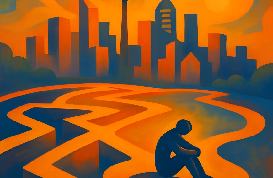 Abstract painting of Calgary skyline with a figure fading into light, symbolising burnout and recovery through therapy.