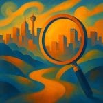 Abstract Calgary cityscape in gold and blue representing therapy fees and insurance clarity