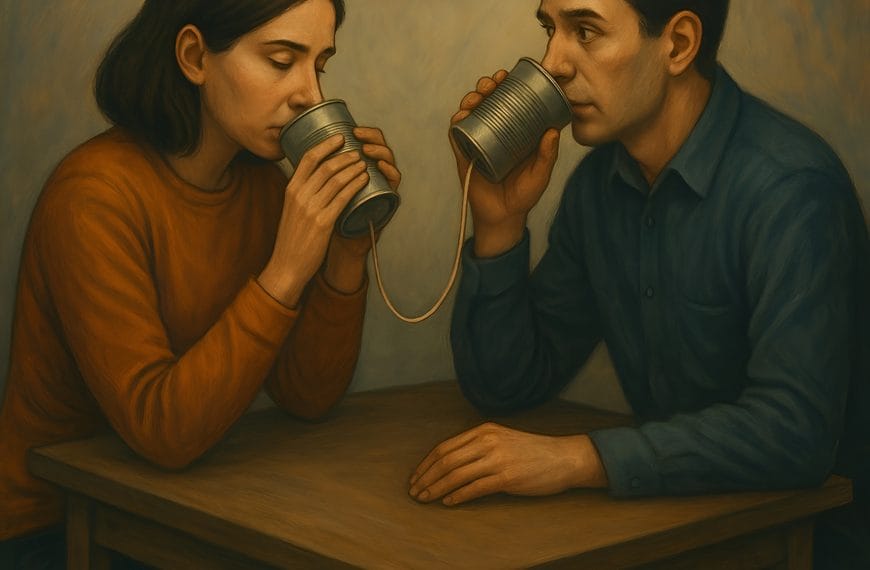 Abstract artwork of two people exchanging glowing shapes, symbolizing calm, clear communication and mutual understanding.