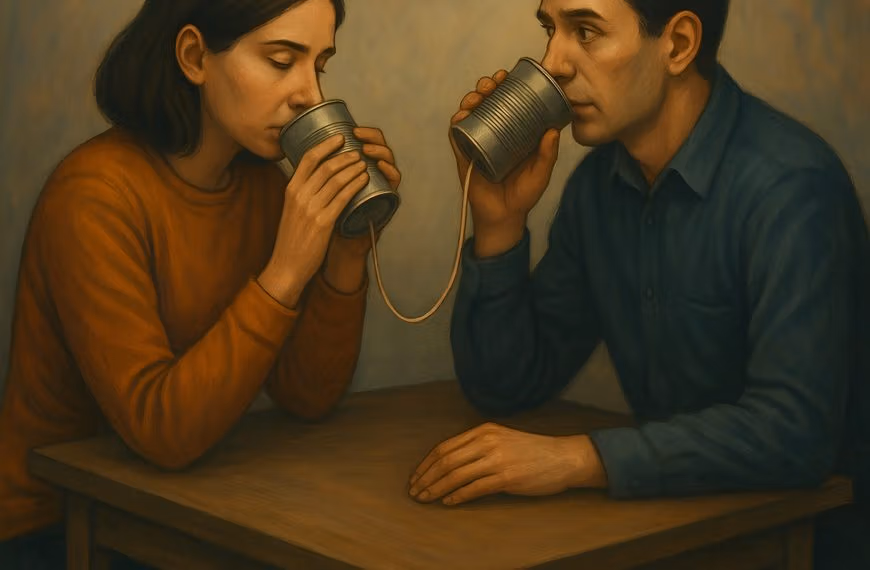 Abstract artwork of two people exchanging glowing shapes, symbolizing calm, clear communication and mutual understanding.