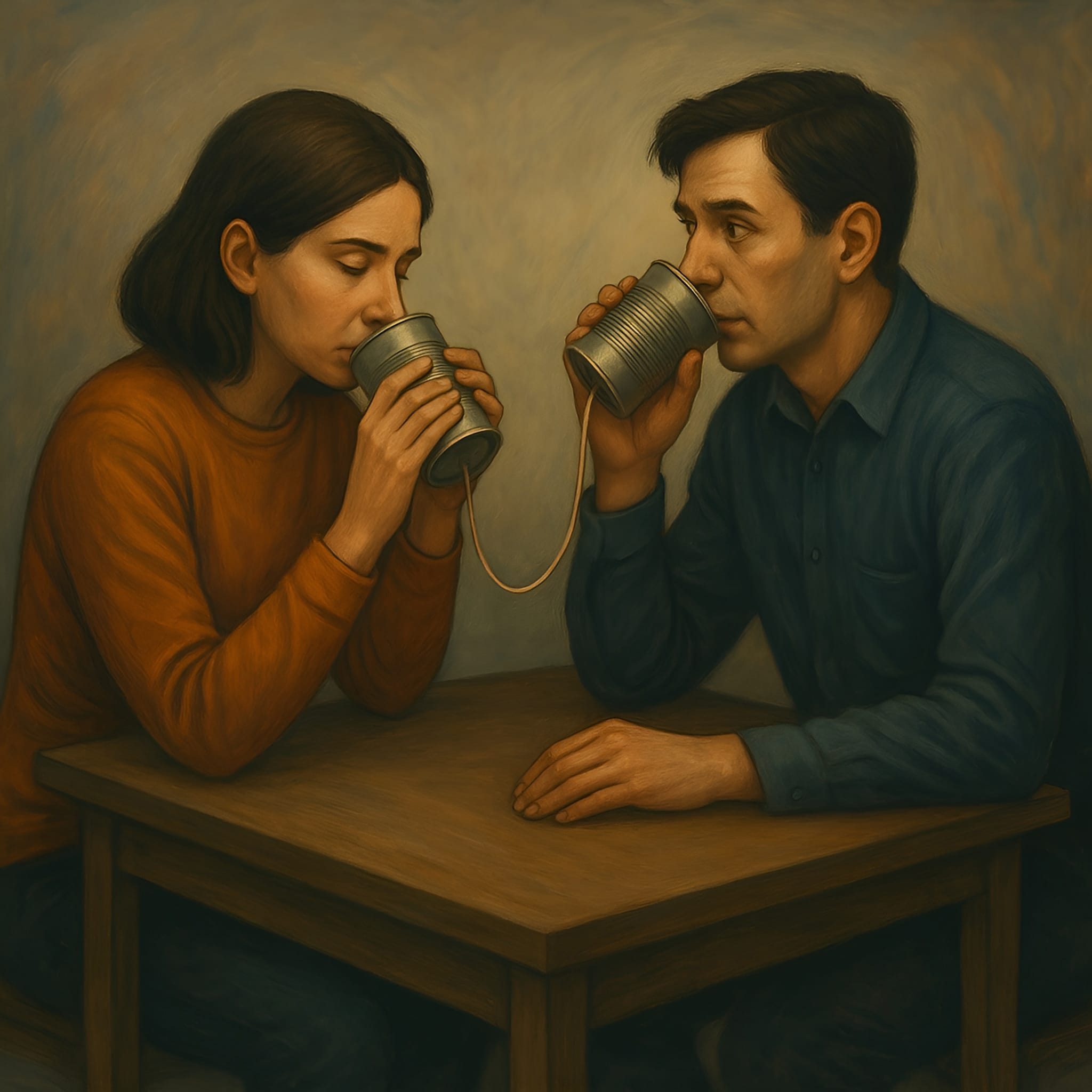 Abstract artwork of two people exchanging glowing shapes, symbolizing calm, clear communication and mutual understanding.