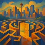 Abstract illustration of the Calgary skyline blending into a colorful maze leading to a therapy office, symbolizing the journey to finding a therapist.