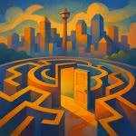 Abstract illustration of the Calgary skyline blending into a colorful maze leading to a therapy office, symbolizing the journey to finding a therapist.
