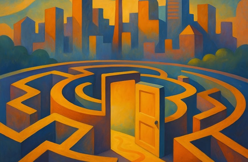 Abstract illustration of the Calgary skyline blending into a colorful maze leading to a therapy office, symbolizing the journey to finding a therapist.