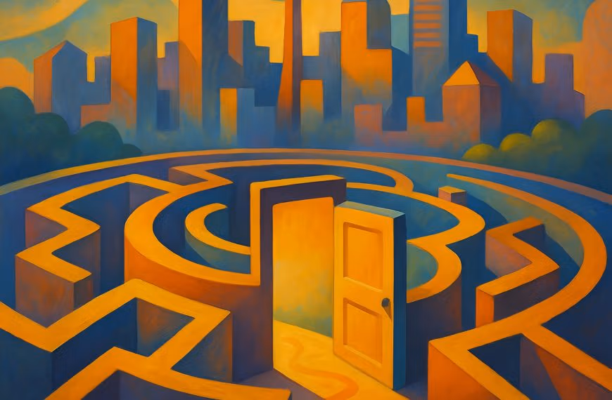 Abstract illustration of the Calgary skyline blending into a colorful maze leading to a therapy office, symbolizing the journey to finding a therapist.