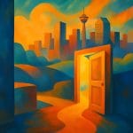 Abstract art of Calgary skyline in warm vibrant colours, symbolising clarity in therapy sessions