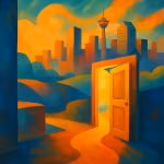 Abstract art of Calgary skyline in warm vibrant colours, symbolising clarity in therapy sessions