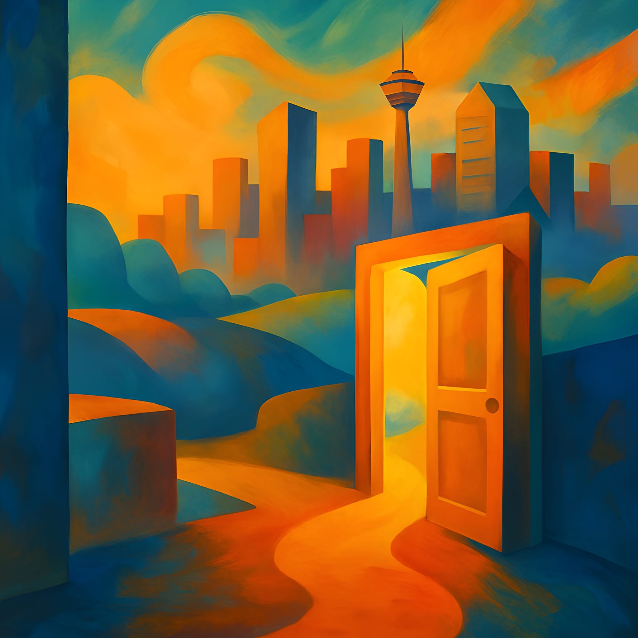 Abstract art of Calgary skyline in warm vibrant colours, symbolising clarity in therapy sessions