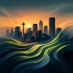 Abstract Calgary skyline with emotional heat gradients and lime-green stress waves representing financial anxiety and identity-level pressure patterns.