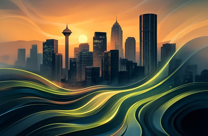 Abstract Calgary skyline with emotional heat gradients and lime-green stress waves representing financial anxiety and identity-level pressure patterns.