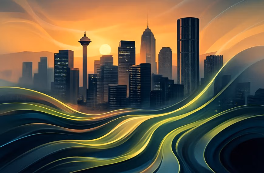 Abstract Calgary skyline with emotional heat gradients and lime-green stress waves representing financial anxiety and identity-level pressure patterns.