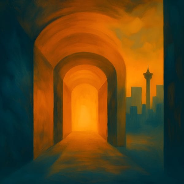 Abstract winter corridor artwork with warm light contrasting a cold Calgary skyline, representing the emotional heaviness of Seasonal Affective Disorder.