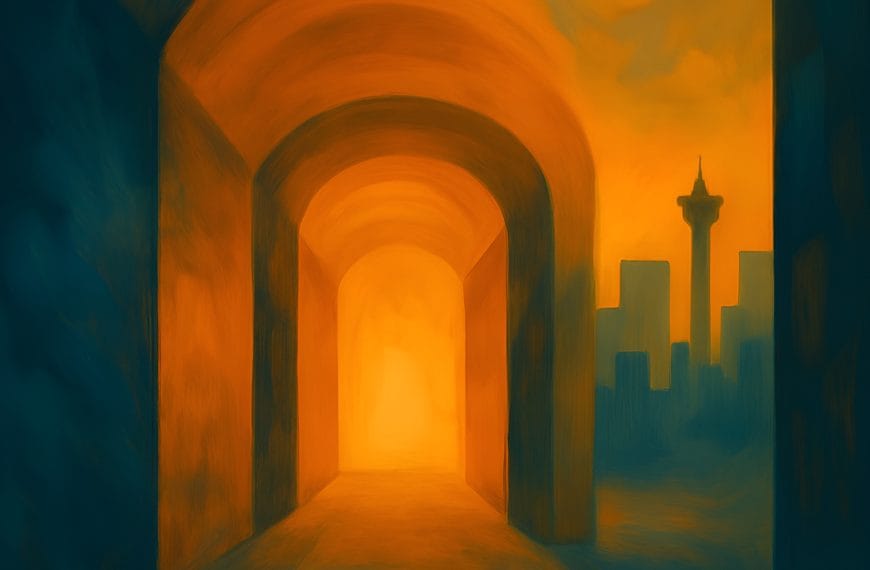 Abstract winter corridor artwork with warm light contrasting a cold Calgary skyline, representing the emotional heaviness of Seasonal Affective Disorder.