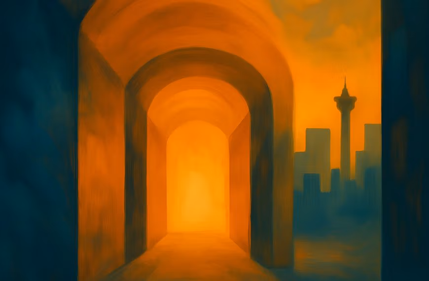 Abstract winter corridor artwork with warm light contrasting a cold Calgary skyline, representing the emotional heaviness of Seasonal Affective Disorder.
