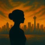 Woman silhouette facing Calgary skyline with swirling thought patterns, symbolizing Type A anxiety in high-performing Calgarians.