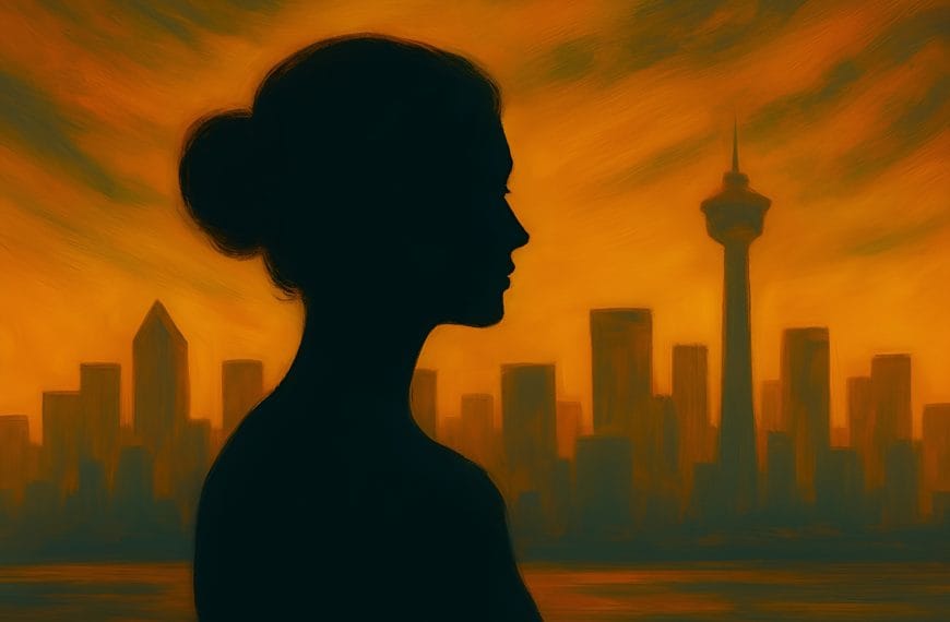 Woman silhouette facing Calgary skyline with swirling thought patterns, symbolizing Type A anxiety in high-performing Calgarians.