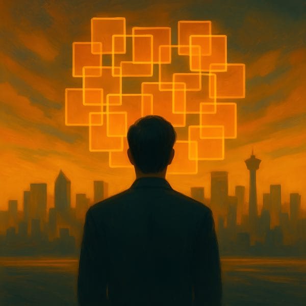 Silhouetted man facing a glowing grid of overlapping squares above the Calgary skyline, symbolizing mental overload and high-performer anxiety.