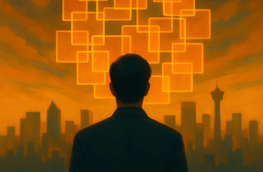 Silhouetted man facing a glowing grid of overlapping squares above the Calgary skyline, symbolizing mental overload and high-performer anxiety.