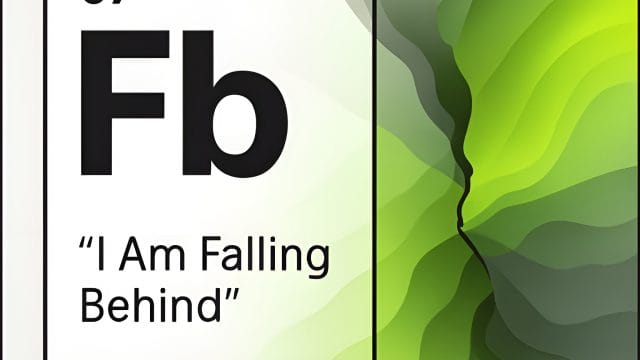 Abstract identity-layer artwork in ShiftGrit lime green showing emotional fracturing beside the “I Am Falling Behind” (Fb) limiting belief panel.