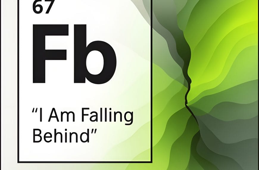 Abstract identity-layer artwork in ShiftGrit lime green showing emotional fracturing beside the “I Am Falling Behind” (Fb) limiting belief panel.