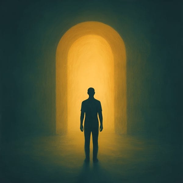 Abstract illustration of a person standing at the entrance of a glowing archway, symbolizing therapy progress, emotional clarity, and calm breakthroughs.