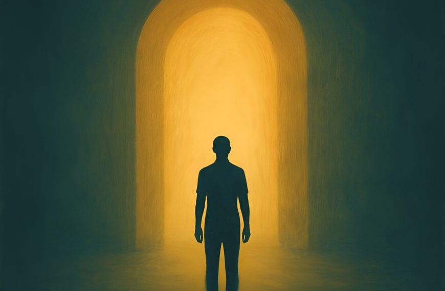 Abstract illustration of a person standing at the entrance of a glowing archway, symbolizing therapy progress, emotional clarity, and calm breakthroughs.