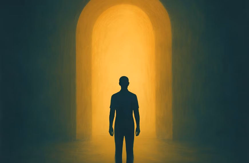 Abstract illustration of a person standing at the entrance of a glowing archway, symbolizing therapy progress, emotional clarity, and calm breakthroughs.