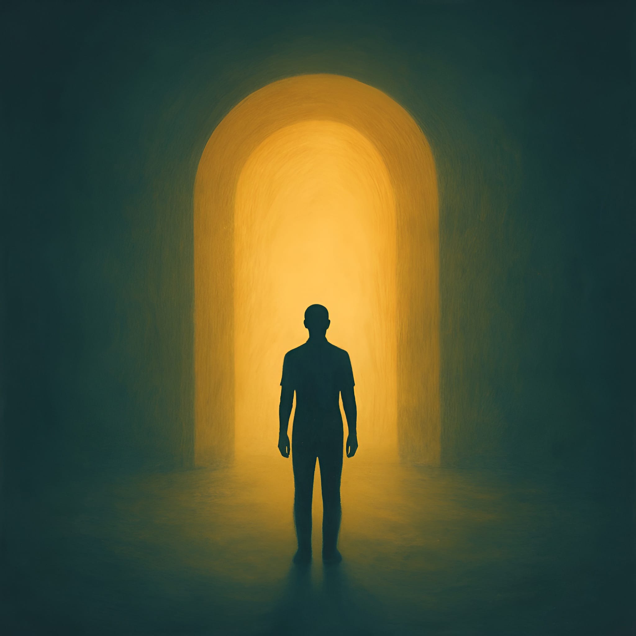 Abstract illustration of a person standing at the entrance of a glowing archway, symbolizing therapy progress, emotional clarity, and calm breakthroughs.