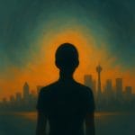 Silhouette of a woman standing inside a soft glowing winter tunnel, overlooking Calgary skyline in warm golden colors.