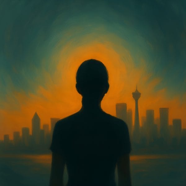 Silhouette of a woman standing inside a soft glowing winter tunnel, overlooking Calgary skyline in warm golden colors.