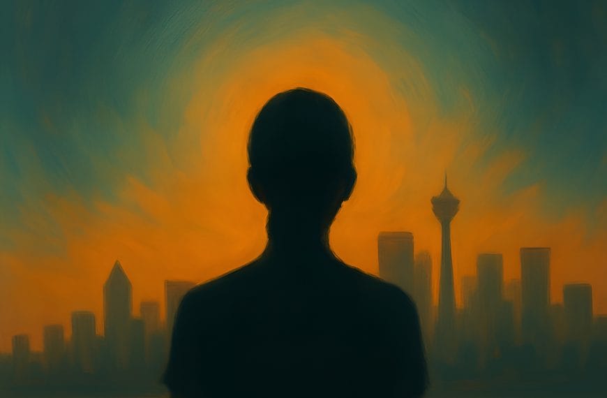 Silhouette of a woman standing inside a soft glowing winter tunnel, overlooking Calgary skyline in warm golden colors.