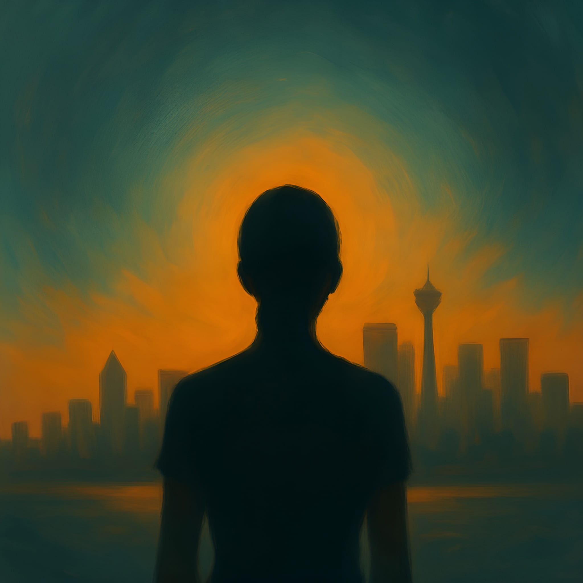 Silhouette of a woman standing inside a soft glowing winter tunnel, overlooking Calgary skyline in warm golden colors.