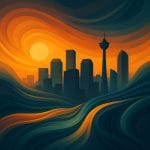 Abstract Calgary skyline with flowing layered shapes symbolizing emotional patterns beneath depression.