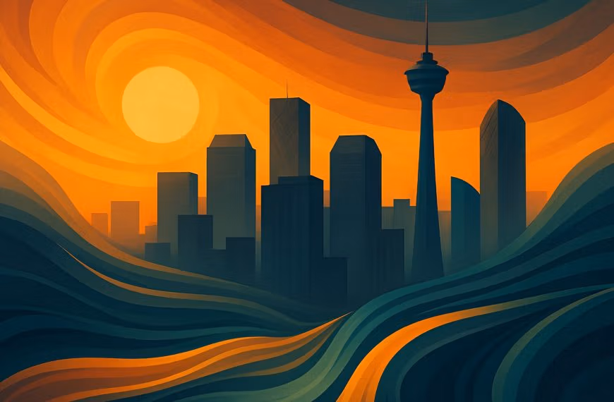 Abstract Calgary skyline with flowing layered shapes symbolizing emotional patterns beneath depression.