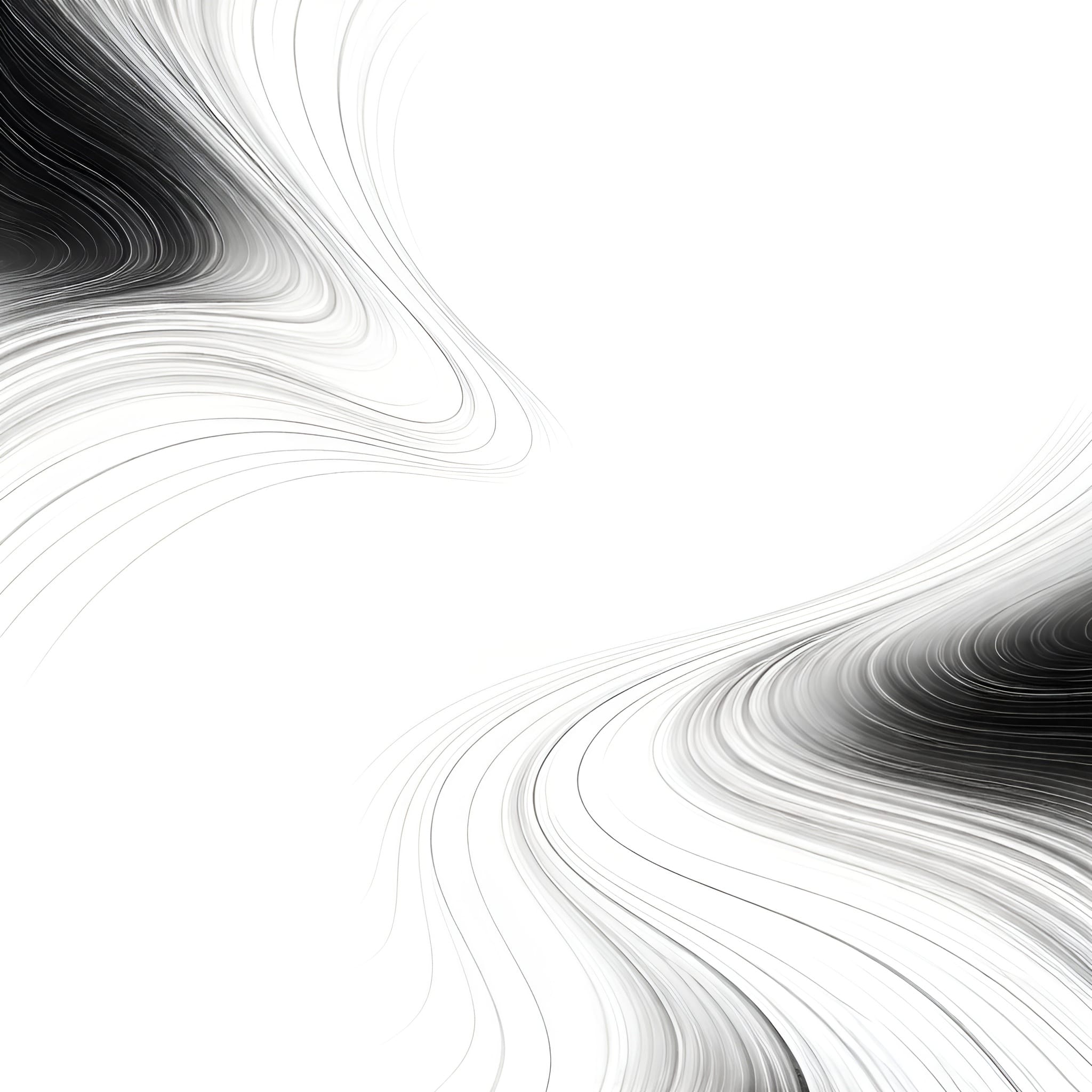 Abstract black-and-white contour-line pattern with gentle looping flows and wide white space, representing comfort spending and financial avoidance as relief through emotional distancing.