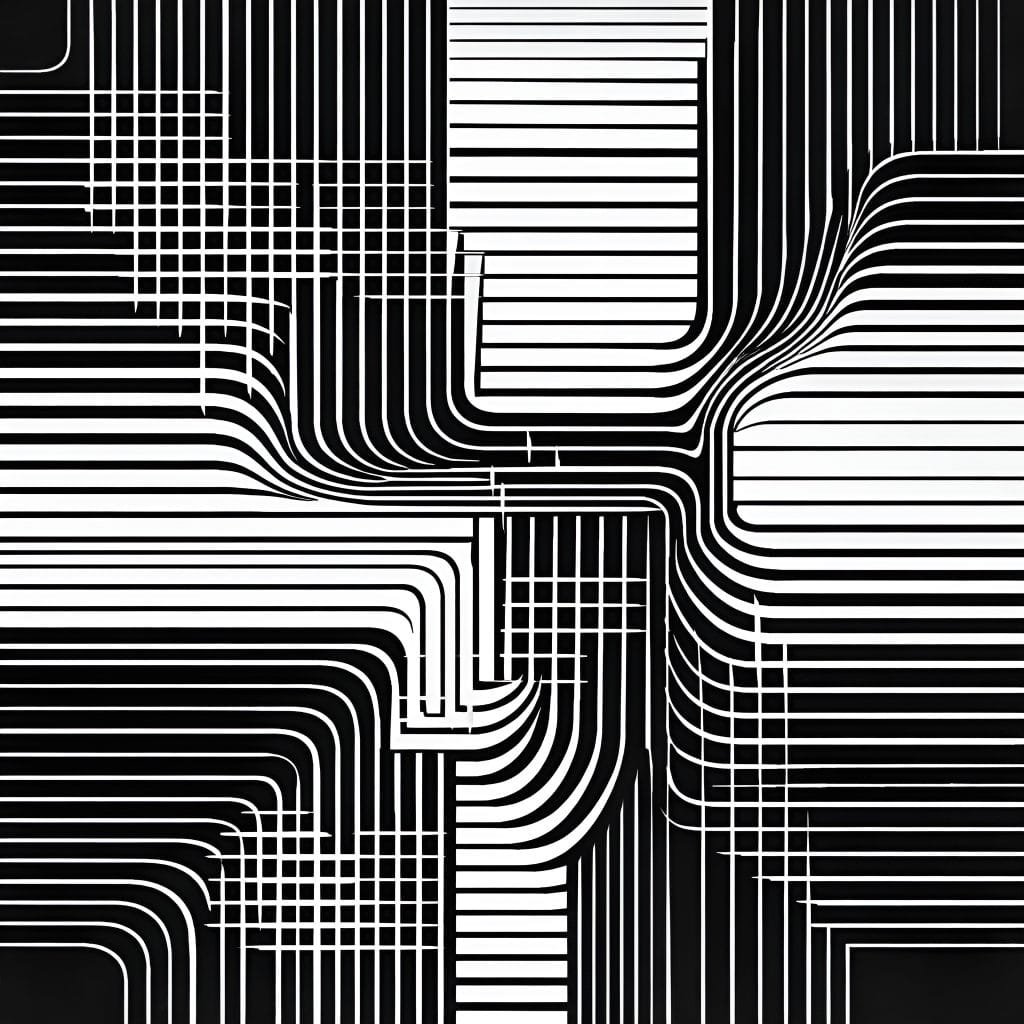Black-and-white abstract pattern of rigid, geometric contour lines arranged in controlled formations, suggesting vigilance and tension beneath order.