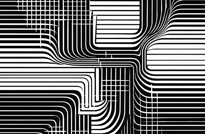 Black-and-white abstract pattern of rigid, geometric contour lines arranged in controlled formations, suggesting vigilance and tension beneath order.