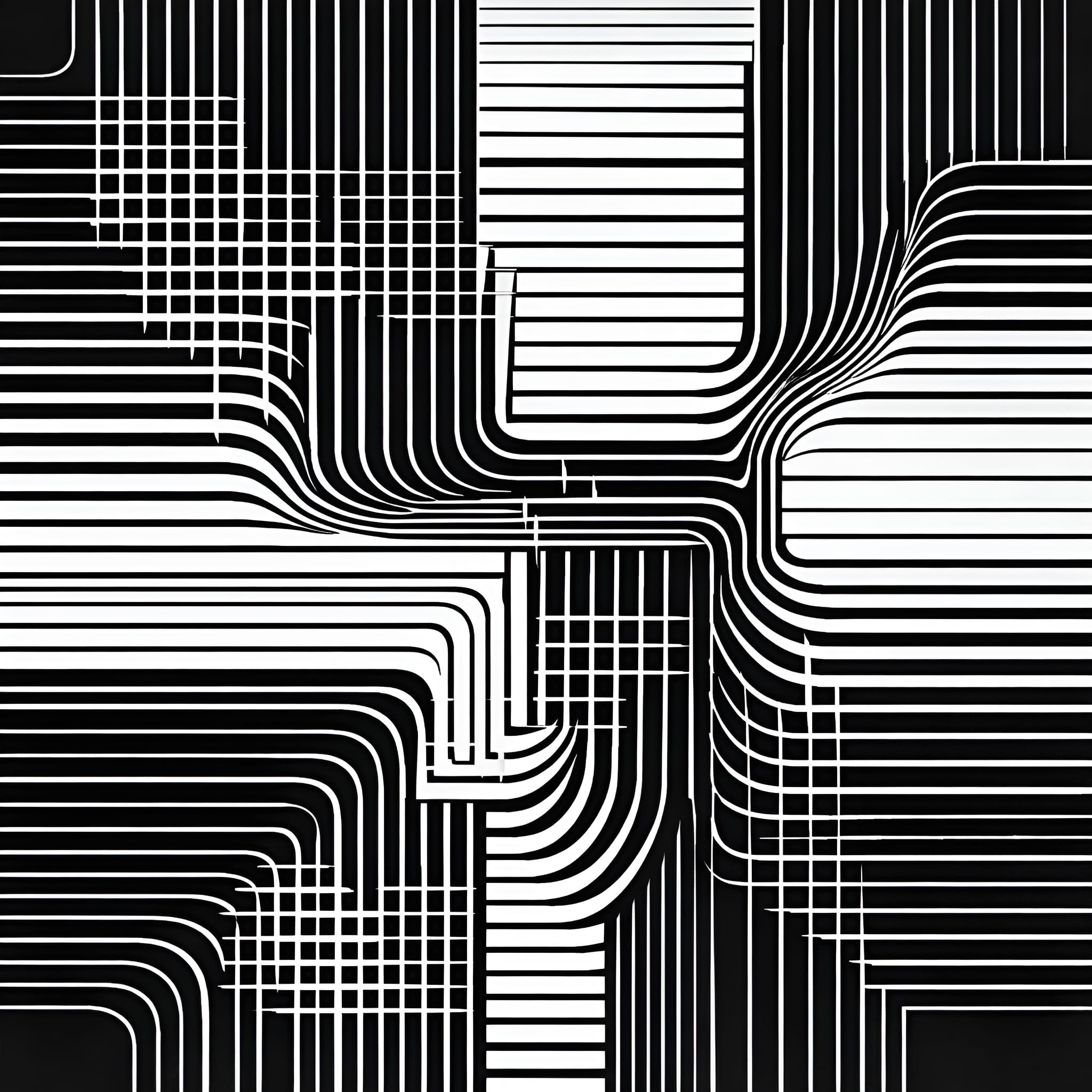 Black-and-white abstract pattern of rigid, geometric contour lines arranged in controlled formations, suggesting vigilance and tension beneath order.