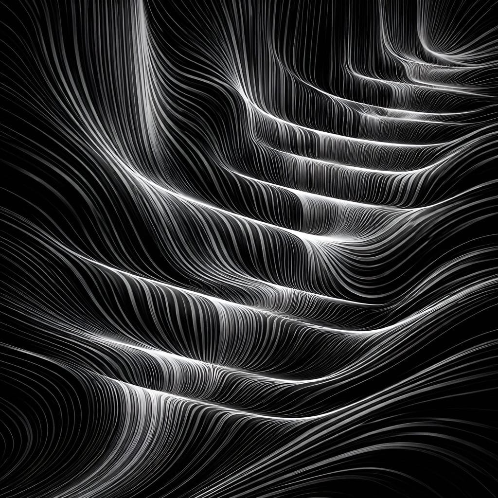 Abstract black-and-white pattern showing dense vertical contour lines that suggest infinite scrolling, habitual checking, and cognitive overload.