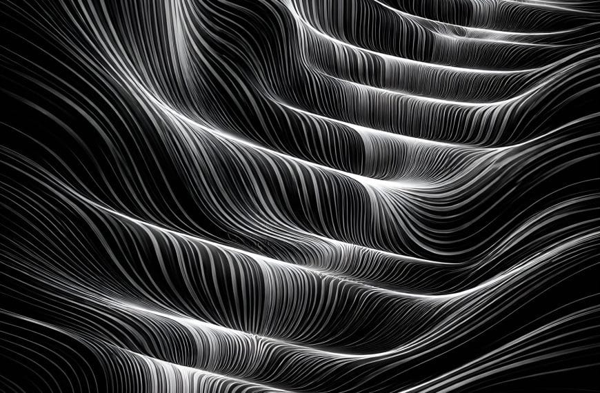 Abstract black-and-white pattern showing dense vertical contour lines that suggest infinite scrolling, habitual checking, and cognitive overload.