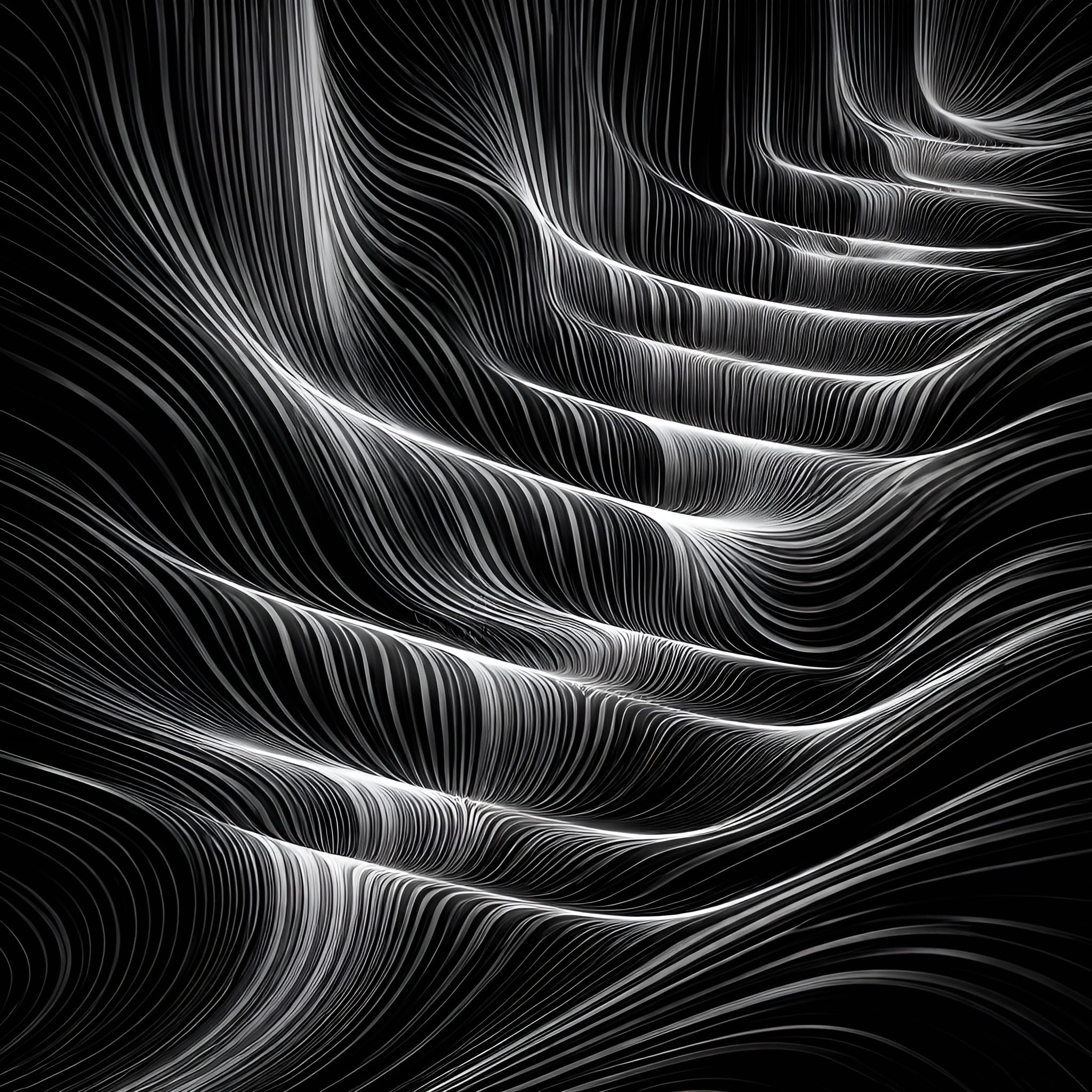 Abstract black-and-white pattern showing dense vertical contour lines that suggest infinite scrolling, habitual checking, and cognitive overload.