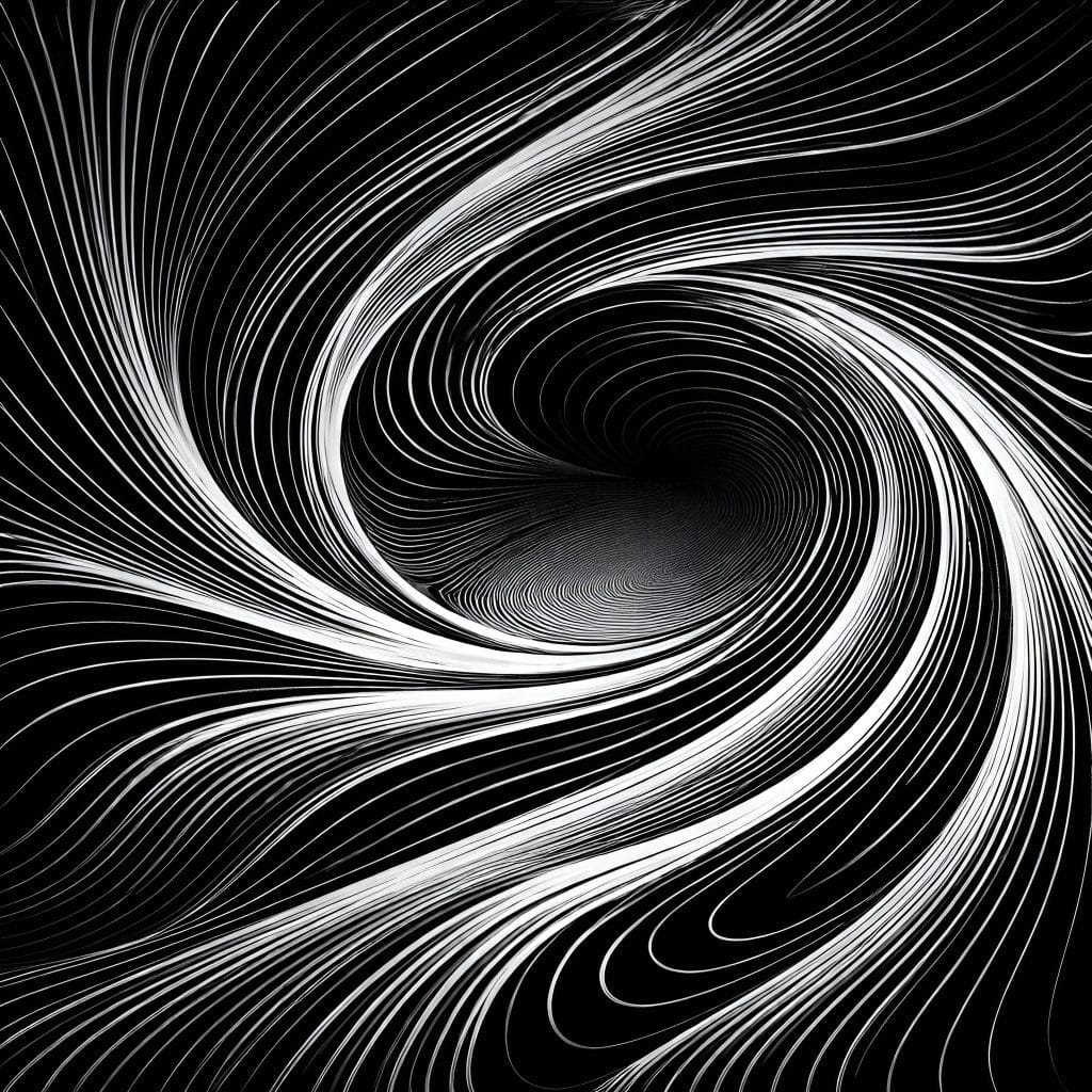 Abstract black-and-white contour-line pattern showing inward spirals and layered flow, representing emotional eating and binge patterns driven by internal pressure and relief-seeking.