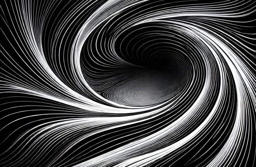 Abstract black-and-white contour-line pattern showing inward spirals and layered flow, representing emotional eating and binge patterns driven by internal pressure and relief-seeking.