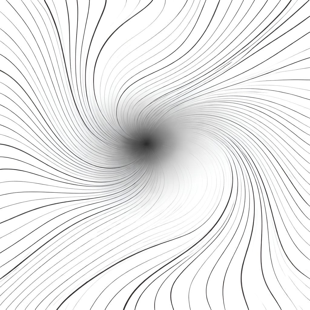 Black-and-white abstract contour-line pattern with gently inward-drifting lines that create a sense of quiet compression toward a soft central area.