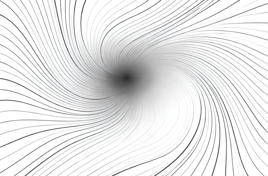 Black-and-white abstract contour-line pattern with gently inward-drifting lines that create a sense of quiet compression toward a soft central area.