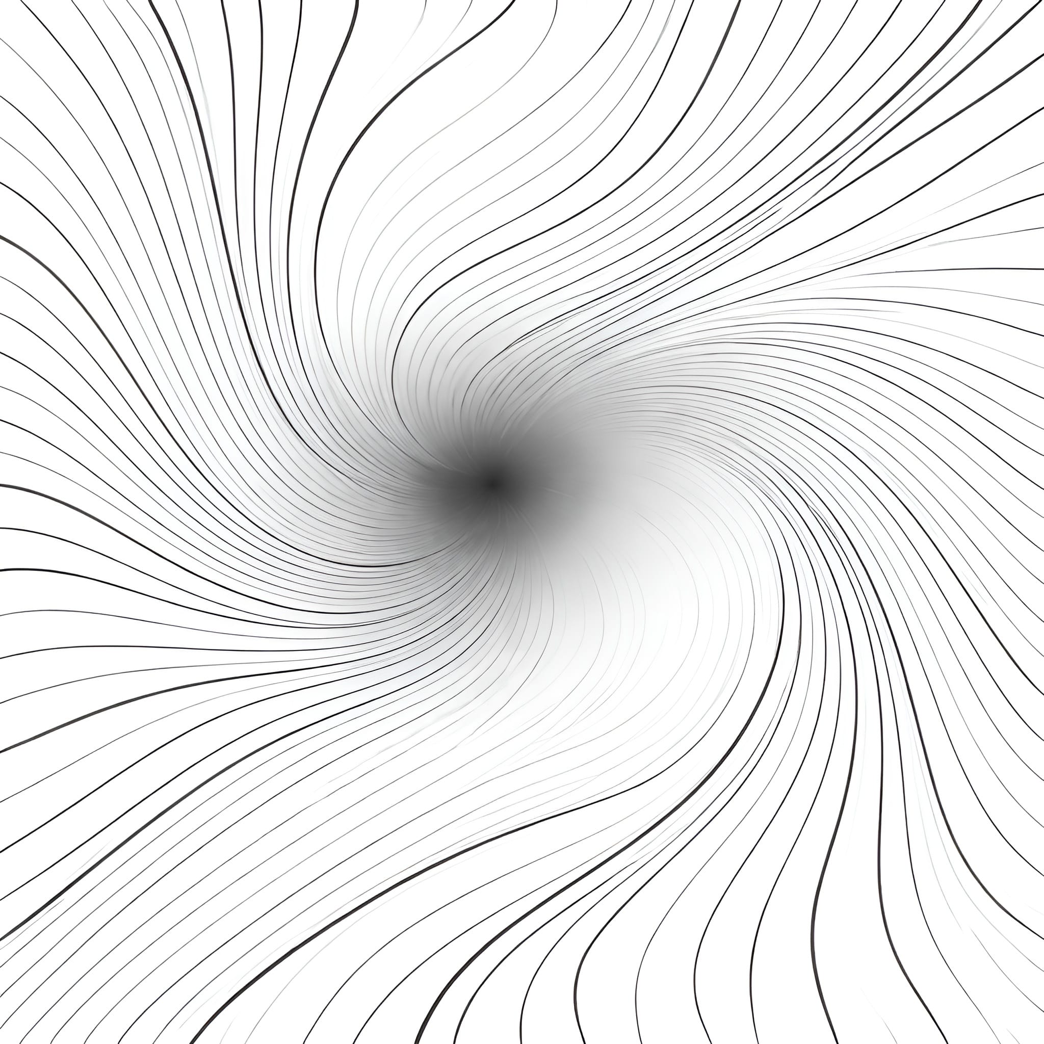 Black-and-white abstract contour-line pattern with gently inward-drifting lines that create a sense of quiet compression toward a soft central area.