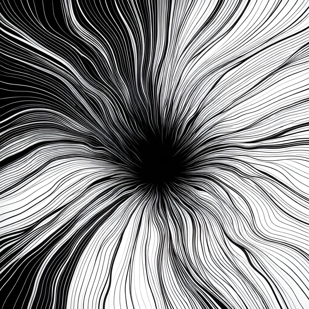 Black-and-white abstract contour-line pattern with lines converging sharply toward a central void, creating a sense of sudden compression and disorientation.