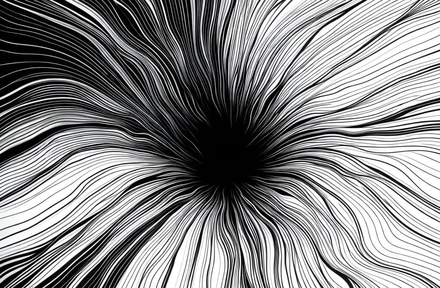 Black-and-white abstract contour-line pattern with lines converging sharply toward a central void, creating a sense of sudden compression and disorientation.